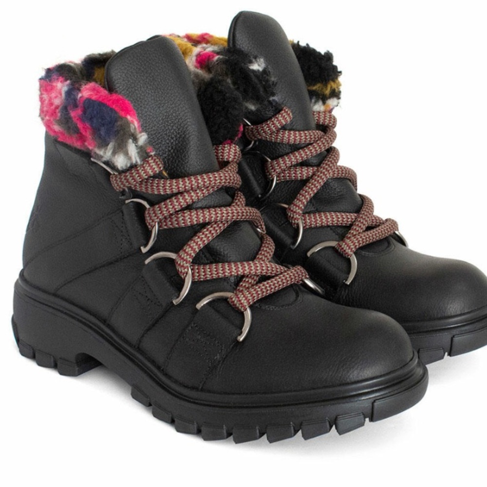 John Fluevog Black Domingo Boots with Faux Fur Trim